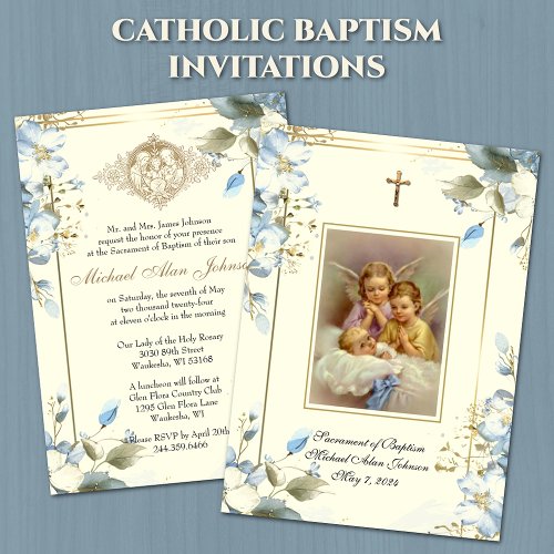 Floral Angels Catholic Baptism Invitation