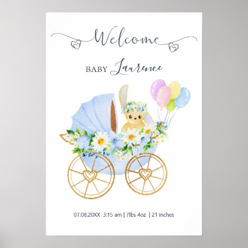 Floral Animal Baby Blue Birth Announcement  Poster