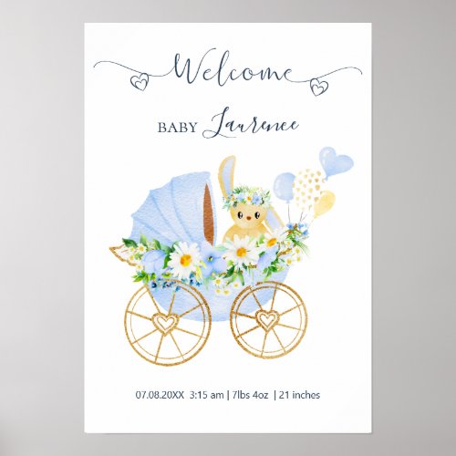 Floral Animal Baby Blue Birth Announcement  Poster