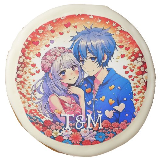 Floral Anime Themed Personalized Wedding Sugar Cookie (Front)