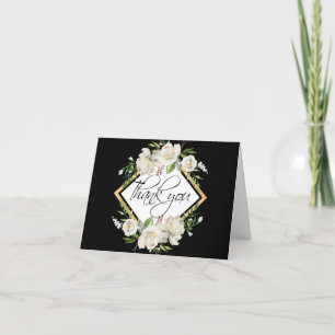 Floral Antique White Black Gold Wedding PHOTO Thank You Card