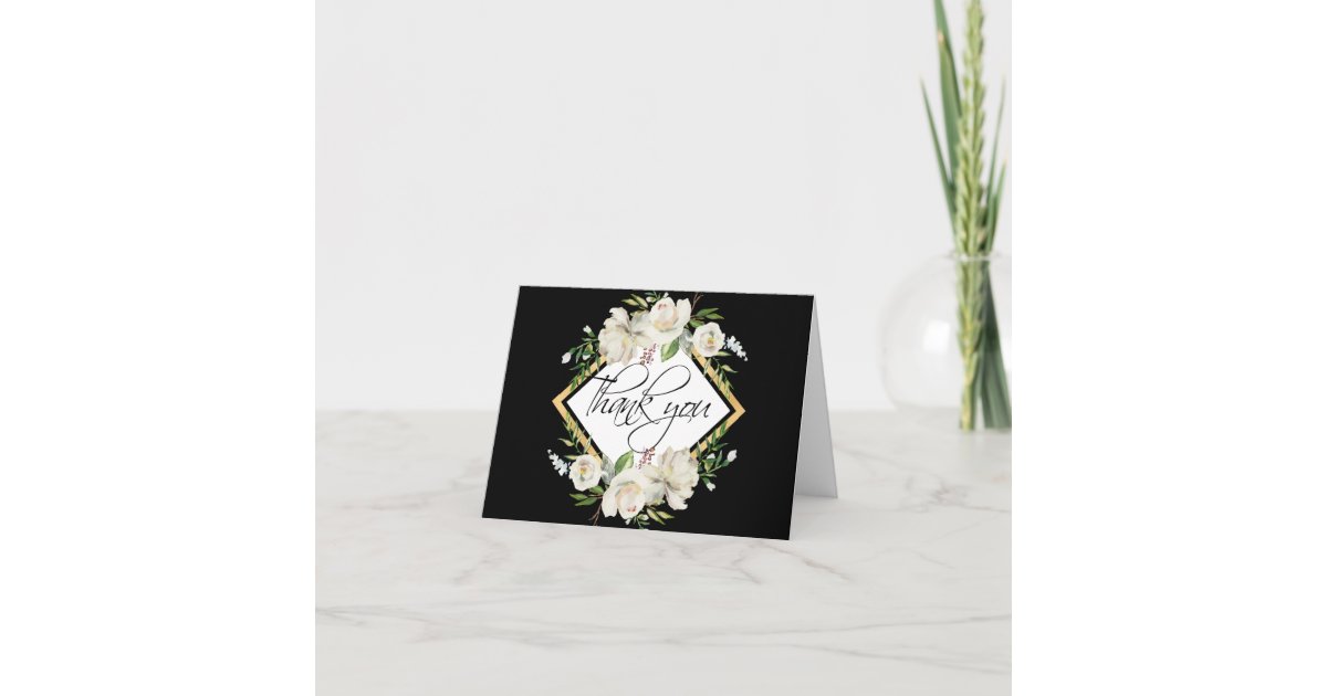 Floral Antique White Black Gold Wedding | PHOTO Thank You Card | Zazzle