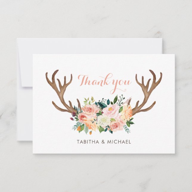 Floral Antler Blush Boho Rustic Thank You Card (Front)
