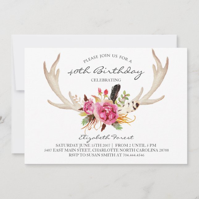 Floral antler boho birthday party invitation (Front)