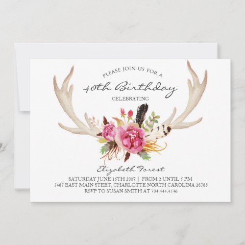 Floral antler boho birthday party invitation