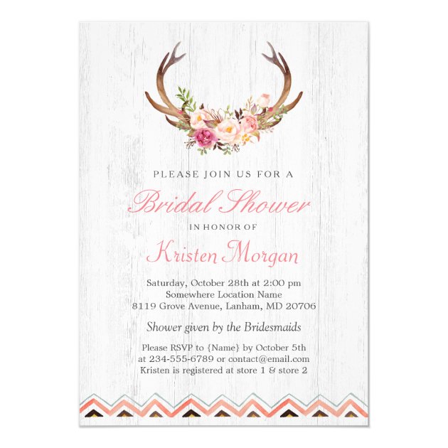 Floral Antler Boho Rustic White Wood Bridal Shower Invitation