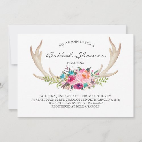 Floral antler boho Shower Invitation