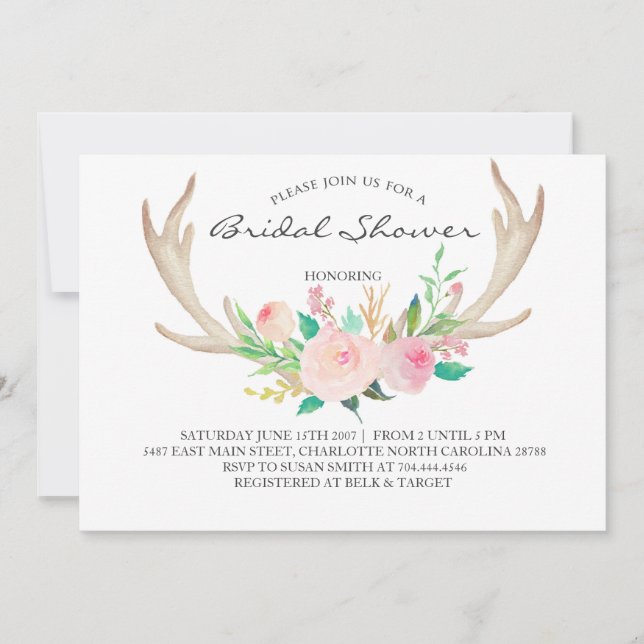 Floral antler boho Shower Invitation (Front)