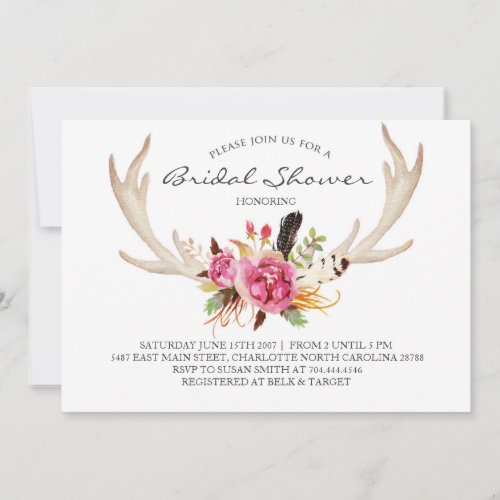 Floral antler boho Shower Invitation