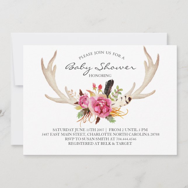 Floral antler boho Shower Invitation (Front)