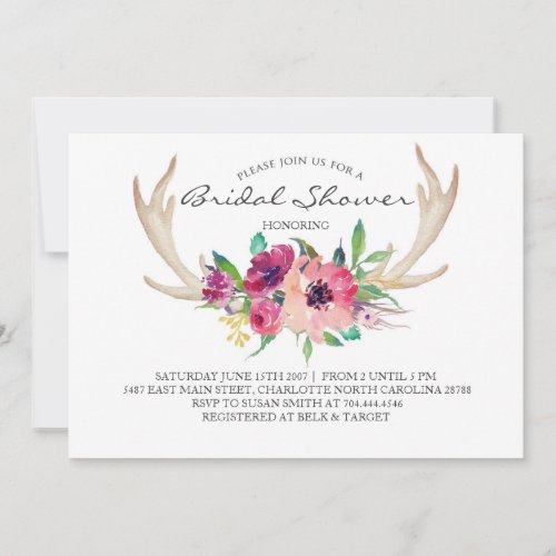 Floral antler boho Shower Invitation