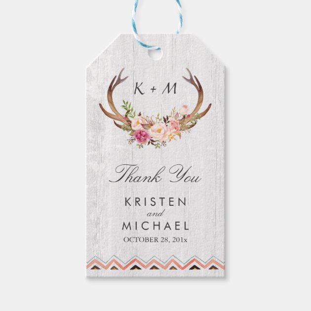 Floral Antler Rustic Wood Boho Wedding Thank You Gift Tags