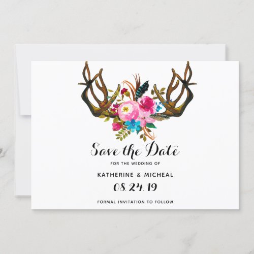 Floral Antler save the date Invitation