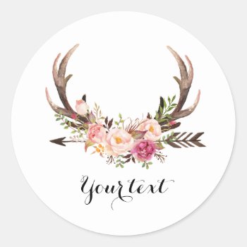 Floral Antler Sticker With Custom Text by eRoseImagery at Zazzle