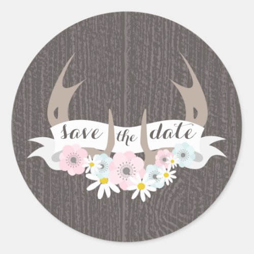 Floral Antlers  Barn Wood Save The Date Sticker