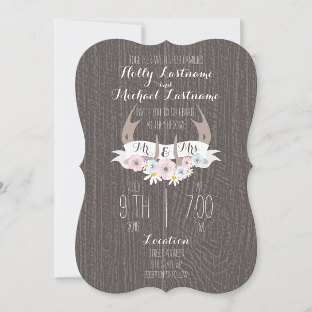 Floral Antlers + Barn Wood Wedding Invitation (Front)