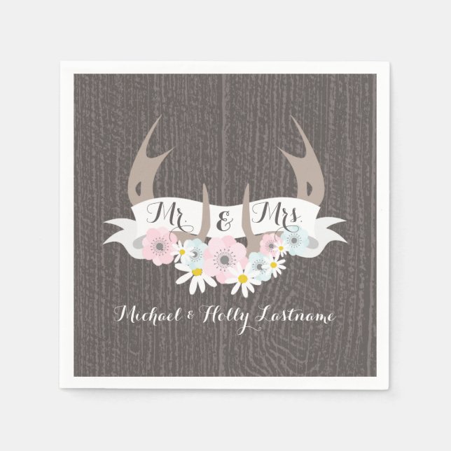 Floral Antlers + Barn Wood Wedding Napkins (Front)