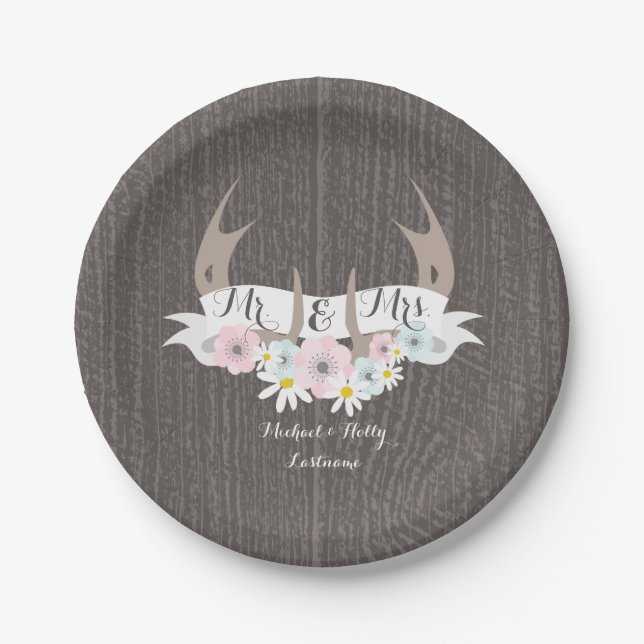 Floral Antlers + Barnwood Wedding Paper Plates (Front)