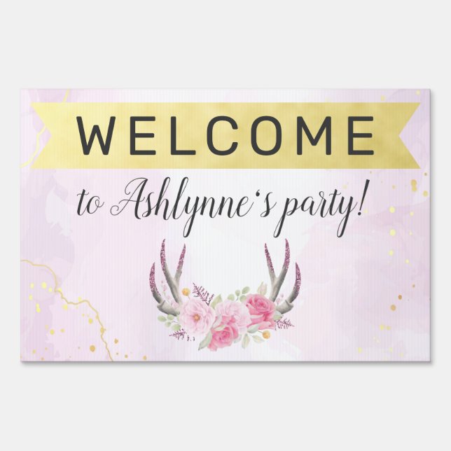 Floral Antlers Blush Pink Birthday Party Yard Sign (Front)