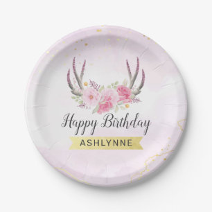 Floral Antlers Blush Pink & Gold Girl's Birthday Paper Plates