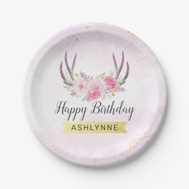Floral Antlers Blush Pink & Gold Girl's Birthday Paper Plates (Front)