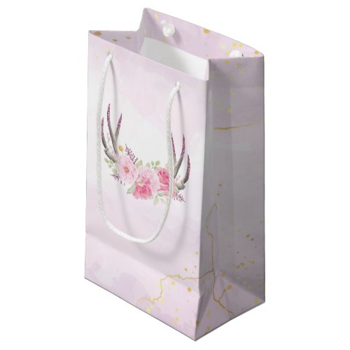 Floral Antlers Blush Pink  Gold Girls Birthday Small Gift Bag