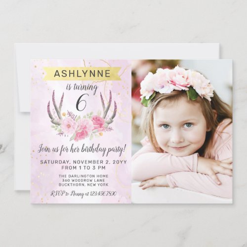 Floral Antlers  Blush Pink Gold Marble Birthday Invitation