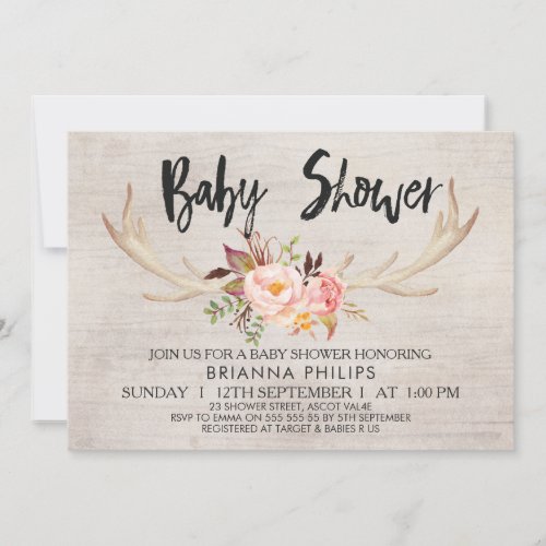 Floral Antlers Boho Baby Shower Invitation