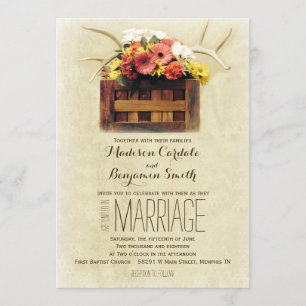 Floral Antlers Boho Rustic Wedding Invitations