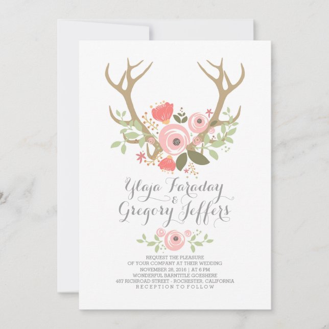 Floral Antlers Boho Wedding Invites (Front)