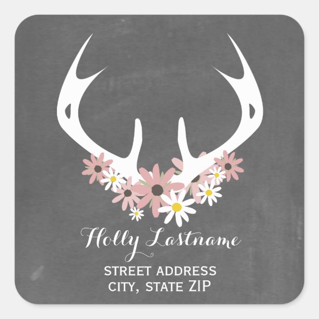 Floral Antlers + Chalkboard Address Sticker (Front)
