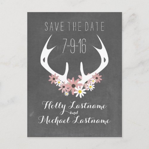 Floral Antlers  Chalkboard Inspired Save The Date Announcement Postcard