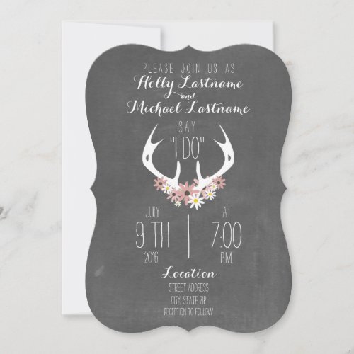 Floral Antlers Chalkboard Inspired Wedding Custom Invitations