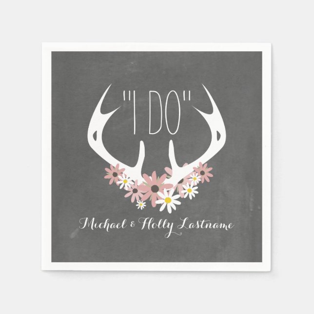Floral Antlers Chalkboard Inspired Wedding Paper Napkins (Front)
