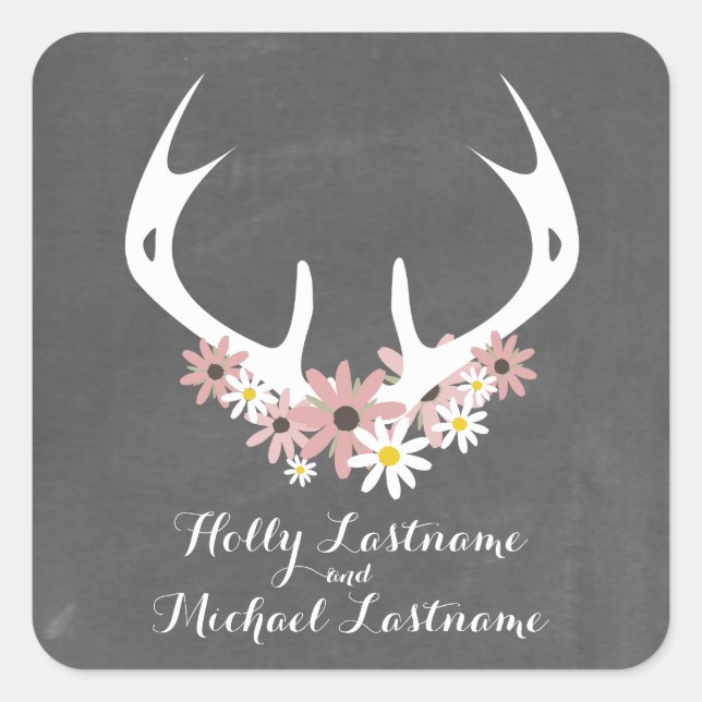 Floral Antlers + Chalkboard Inspired Wedding Square Sticker (Front)