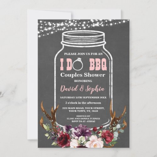 Floral Antlers Mason Jar Chalk I DO BBQ Invitation
