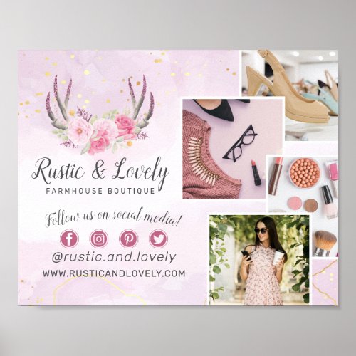Floral Antlers Pink Gold Marble 4_Photo Marketing Poster