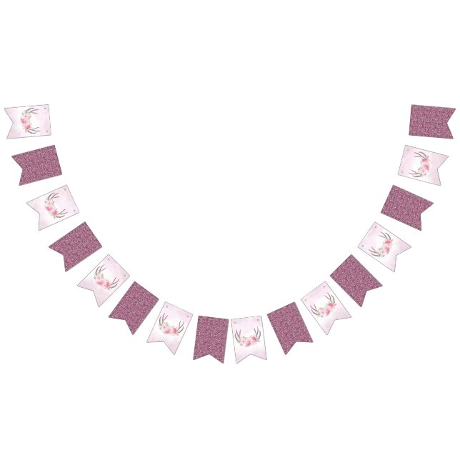 Floral Antlers Pink Party Garland Birthday Decor Bunting Flags (All)