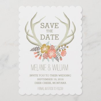 Floral Antlers | Rustic Save The Date by antiquechandelier at Zazzle