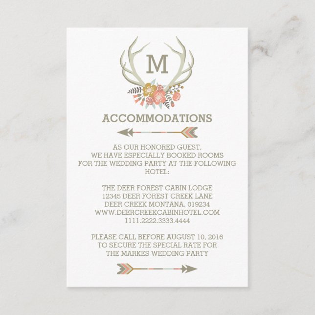 FLORAL ANTLERS | RUSTIC WEDDING ACCOMMODATION CARD (Front)