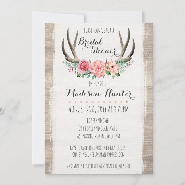 Floral Antlers Rustic Wedding Bridal Shower Custom Invitation (Front)