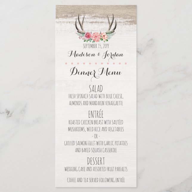 Floral Antlers Rustic Wedding Custom Dinner Menu (Front)