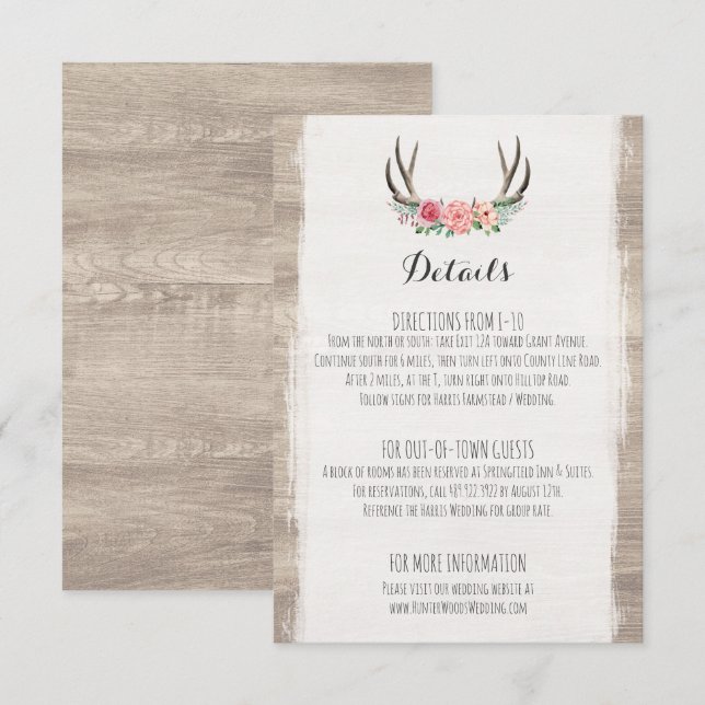 Floral Antlers Rustic Wedding Details / Directions Enclosure Card (Front/Back)