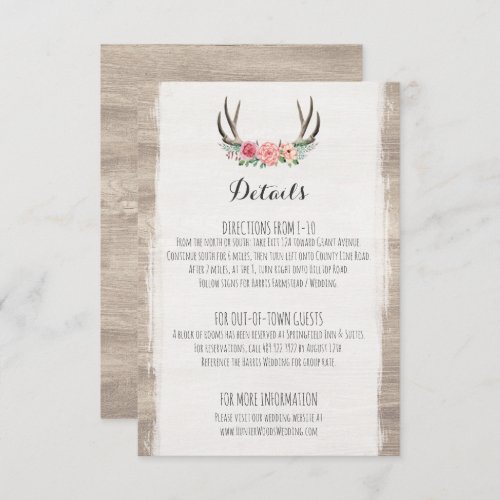 Floral Antlers Rustic Wedding Details  Directions Enclosure Card