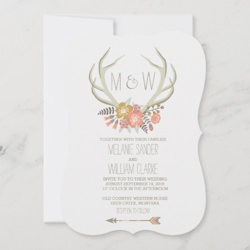 FLORAL ANTLERS  RUSTIC WEDDING INVITATION