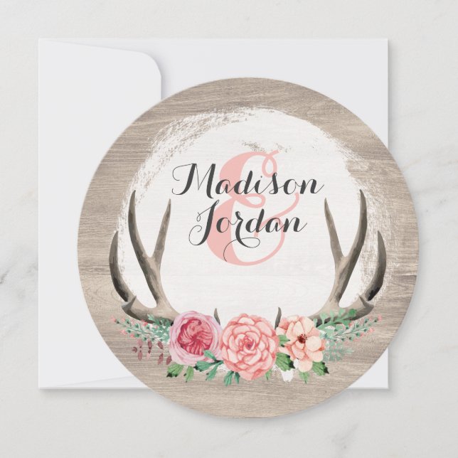 Floral Antlers Rustic Wedding Personalized Casual Invitation (Front)