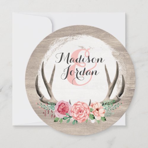 Floral Antlers Rustic Wedding Personalized Casual Invitation