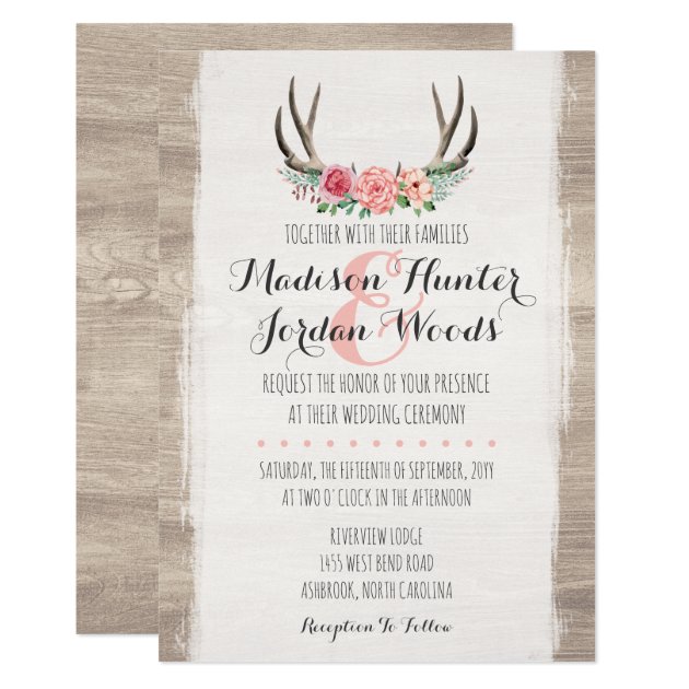Floral Antlers Rustic Wedding Personalized Formal Invitation