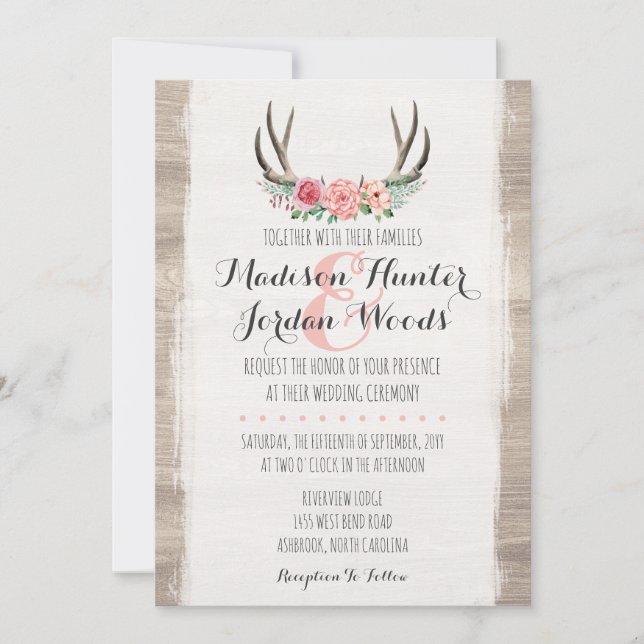 Floral Antlers Rustic Wedding Personalized Formal Invitation (Front)