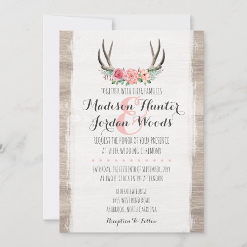 Floral Antlers Rustic Wedding Personalized Formal Invitation